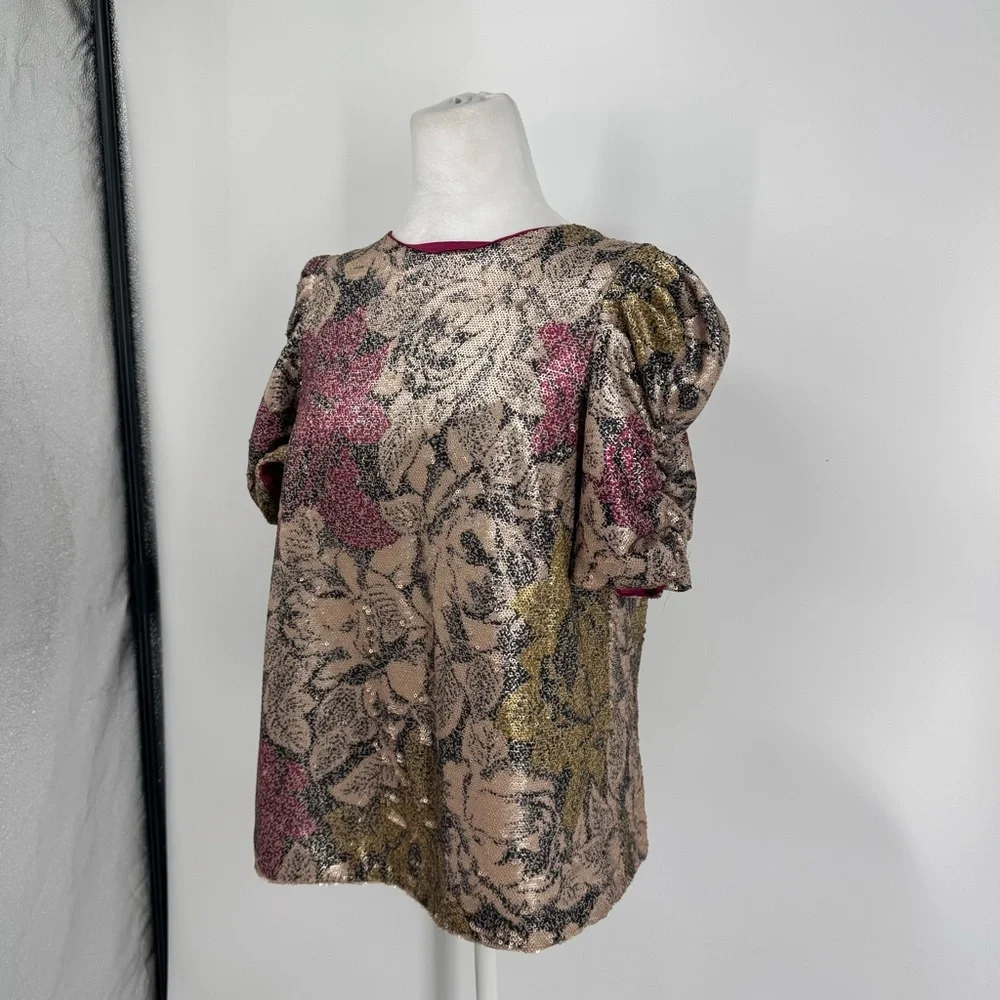 NWT Anthropologie Sequin Floral Puff Sleeve Top